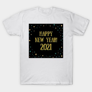 happy new year! 2021 holiday blue teal gold yellow stars pattern T-Shirt